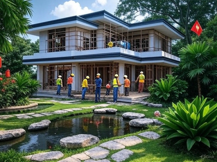 Hình ảnh đội ngũ nhân viên thi công xây dựng nhà phố